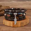 Conjunto de pulseiras masculinas multicamadas com pingente de pena de liga estilo étnico europeu e americano, contas de madeira, conjunto de cinco peças