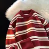 Coleção outono e inverno: suéter listrado color block masculino, peça interna casual, tricô para casais, suéter de caimento relaxado estilo japonês, top de tricô retrô