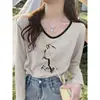 Nueva colección de otoño: Top de manga larga con bloques de color y cuello en V, estilo básico, algodón puro, blanco, hombro normal, camiseta para mujer