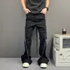 Jeans Masculino Americano Dark Desconstruído com Múltiplos Zíperes, Corte Reto Solto, Micro Flare, Comprimento no Chão, Estilo Trendy Desgastado Lavado