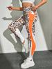 Nuevo Contraste de Color Transfronterizo Europeo y Americano Cintura Alta Ajustado Estampado Leopardo Costuras de Bolsillo Pantalones Deportivos Fitness Yoga Leggings