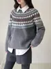 [Noite Nevada Fair Isle] Geming Retrô Francês Gola Redonda Tricô Jacquard Suéter Feminino Tricô de Inverno W845C