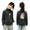 Roupa de baixo escovada para meninas, listrada, tamanho médio-grande, roupa íntima infantil quente, outono e inverno, nova, top casual de fleece infantil de manga comprida