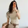 Camisa de Tricô Canelado Lyocell Tencel Linho para Mulheres, Estilo Fino de Verão, Gola Redonda, Manga Curta, Elástica, Respirável, Blusa Slim Fit