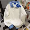 Sudadera con cuello de solapa estilo retro americano de dos piezas falsas para mujer, otoño e invierno 2025, color azul marino, top versátil de cuello medio abierto