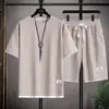 Conjunto esportivo masculino de verão com mangas curtas, importado, camiseta lisa de corte solto e shorts, tecido waffle, conjunto versátil de moda casual masculina