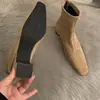 Botines Marrones de Tacón Alto para Mujer, Tacón Grueso, Cierre Trasero, Punta Cuadrada, Versátiles, Nuevos 2025 Otoño e Invierno, Estilo Coreano, Gamuza, Botines Ajustados
