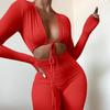 Mulheres 2024 novo outono e inverno amazon cor sólida apertado sexy umbigo lace-up oco para fora manga comprida macacão fino