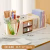 Caja de almacenamiento multifuncional para escritorio con portalápices inclinado, tablero perforado y cajón, organizador tres en uno para papelería de estudiante y oficina