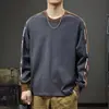 Moletom Patchwork de Lã Pesada com Cor Contrastante Outono 2026 para Homens, Camiseta Casual de Manga Longa Estilo Americano, Camiseta Básica Gola Redonda de Caimento Solto