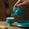 Colección de Juego de Té Kung Fu de Cerámica Verde Turquesa Miyan, Tetera Gaiwan de Alto Nivel Estilo Chino con Puntos Dorados, Taza de Té, Juego de Tazas para Maestro