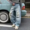 Jeans anchos de estilo callejero retro americano a la moda, lavados y desgastados, sueltos y casuales, de largo completo para hombre