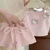 Lindo conjunto a rayas de gato KT para niñas, estilo coreano casual de verano, nuevo conjunto de dos piezas con top tipo camisola y shorts