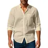 Camisa de Linho Masculina 2026 Amazon Cross-Border Primavera e Outono, Manga Longa, Gola Alta, Respirável, Casual, Novo Estilo Chinês, com Bolso