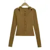 Cl25126-25 Nuevo Estilo Otoño Americano Elástico Adelgazante Aspecto Sexy Falso Dos Piezas Tejido Botón Manga Larga Camiseta