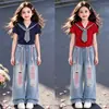 Conjunto de Verano Dopamina Estilo Academia para Niñas Moda Cuello Azul Marino Manga Corta Versátil Pantalones Finos de Mezclilla Conjunto de Dos Piezas