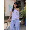 Top de playera de manga corta con estampado y hombros descubiertos, con hombros inclinados, jersey, juvenil, de algodón puro, camiseta de manga corta, para mujer, estilo oscuro con hombros descubiertos