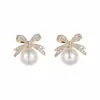 Pendientes Coreanos de Nuevo Estilo con Lazo y Perla para Mujer, Pendientes de Botón Brillantes con Pedrería de Lujo Ligero de Nicho