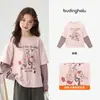 Conjunto de Otoño Pudding Haru para Niñas, Ropa Infantil Superior, Nuevo Estilo de Otoño 2026, Camiseta a Cuadros con Retazos Falsa de Dos Piezas para Niños, Moderna