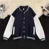 Chaqueta de Béisbol para Hombre de Primavera y Otoño, Manga Larga de Corte Holgado, Estilo Americano Versátil, Abotonada, Cuello Alto de Contraste de Color, Top Casual de Moda