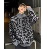 Suéter Cardigan Marca Tendência Estilo Americano Estampa de Leopardo Tricô Retrô Masculino Solto Casual Preguiçoso Jaqueta Suéter