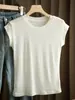 Chaleco de Fibra de Lyocell para Mujer Mangas Cortas Volantes Tejido de Hombro Ancho Camiseta de Punto Cuello Redondo Top Versátil Ropa de Verano para Mujer