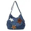 Bolsa Transversal Jeans Feminina Lavada Grande Capacidade Bolsa de Ombro Estilo Preguiçoso Estudante Comutando Transversal Estrela Bolsa de Reforço