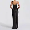 Vestido de Moda Femenina Europeo y Americano 2025 Sexy Ajustado Cruzado Nuevo Estilo Ceñidor de Cintura Espalda Descubierta Sin Mangas Sin Tirantes Color Sólido con Lazos