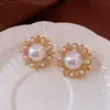 Pendientes Redondos de Perla con Diamantes Incrustados de Aguja Plateada Pendientes de Nicho Vintage Medieval Pendientes Elegantes de Moda de Gama Alta para Mujer