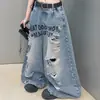 Jeans Rotos con Letras Estilo Retro Americano para Niñas, Nuevo Estilo Verano 2026, Pantalones Sueltos de Pierna Ancha, Pantalones Largos Casuales, Delgados