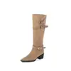 Primer Encuentro Ji Botas de Mujer Otoño Invierno Botas Largas Hebilla de Cinturón de Cuero Botas Arrugadas Gamuza Punta Fina Tacón Alto Grueso Botas Largas Botas de Montar