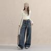 Calça Jeans de Comprimento Total com Lavagem Desgastada e Bigodes Estilo High Street Americano Cintura Alta Versátil Solta de Perna Larga Azul Retrô