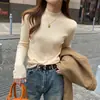 Suéter Tricot Azul Gola Semi-Alta Feminino Outono e Inverno Camada Interna Novo Slim Manga Longa Meia-Gola Top