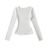 Camiseta Básica Versátil de Manga Larga a la Moda con Cintura de Reloj de Arena y Cuello en U, Top Base Sexy Adelgazante para Mujer