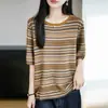 Camiseta Casual Tricotada com Listras Contrastantes Estilo Francês 2026 Novo Estilo Caimento Solto Emagrecedor Leve Respirável Top para Mulheres Uso de Verão