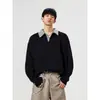 Camiseta de outono gola V ombro normal lapela xadrez pied-de-poule polo de manga comprida masculina folgada estilo americano camada interna camisa base moletom