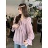 Foto Real Estilo Coreano Suave Solto Cadarço Camisa Top Feminino Design Decote V Retrô Manga Longa Camisa Primavera 47453