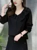 Nuevo top versátil de otoño de color liso, ajuste ceñido, manga larga, con cuello redondo de encaje, blusa elegante y moderna con cordón
