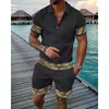 Comercio Transfronterizo Moda Tallas Grandes Cremallera Malla Camisa Polo Traje Impresión Digital 3D Ajustado Conjunto de Dos Piezas para Hombre