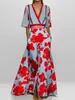 2026 Moda Femenina Europea y Americana Transfronteriza Amazon Vestido Elegante con Cuello en V Estampado Cintura de Corbata Dobladillo Amplio