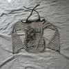 Camiseta de tirantes cruzados Y2K para chica popular, de rayas, hombros descubiertos, con estampado de cruz, cortes laterales y mangas acampanadas, para primavera/otoño