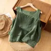 274 # Blusa sem mangas casual artística plus size solta com design minimalista vintage, apresentando corte frontal curto e traseiro longo, feita de algodão e linho com alças finas