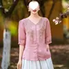 Nova Camisa de Algodão e Linho Verão 2025, Gola V Solta, Camiseta Bordada Moderna e Elegante, Blusa Fina, Blusa Feminina