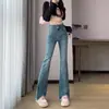 Calça Jeans Flare Vintage Azul com Fenda Dividida para Mulheres, Forrada com Lã para o Inverno, Tamanho Grande, Valoriza o Corpo Pera, Calça Bootcut com Barra Desfiada