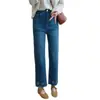 ¡Diseño exquisito! Jeans rectos de tiro alto ajustados con encaje bordado elástico en cuatro direcciones para mujer, pantalones de otoño