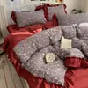 Juego de Cuatro Piezas de Algodón con Encaje Grande Estilo Coreano, Estilo Ins Femenino Francés Algodón Lavado Estilo Pastoral Juego de Funda de Edredón para Dormitorio de 3 Piezas