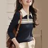 Suéter de Punto con Cuello Polo Rayas Cremallera Talla Grande para Mujer en Otoño e Invierno Holgado Aspecto Adelgazante Rejuvenecedor Top de Punto Versátil para Mujer