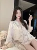 Pijama de Seda Gelada para Mulheres, Verão Renda Novo Estilo, Imitação de Seda, Estilo Francês, Estilo Puro Desejo, Roupa de Casa, Pode Ser Usado Fora, Conjunto
