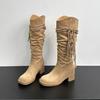 Botas de Montar Caídas de Tacón Grueso Largas Estilo Europeo y Americano Nuevas 2025 para Mujer, Aumentadoras de Altura 8cm, con Borla Tejida, Color Caqui