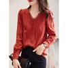 Top de Encaje Primavera y Otoño 2025 Nuevo Cuello en V Retro Elegante Elegante Camisa de Manga Larga Roja China para Mujer